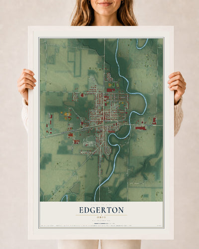 Map of Edgerton, Ohio, 24 x 36 inch print in a white wood frame