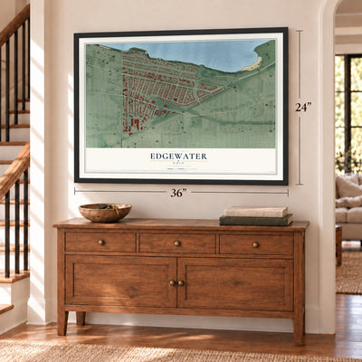 Edgewater, Ohio map, 24 x 36 inch print in a black frame above a dresser by a staircase
