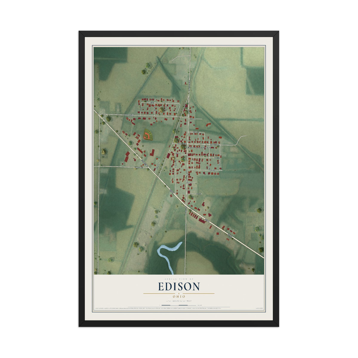 Map of Edison, Ohio, 12 x 18 inch print in a black wood frame