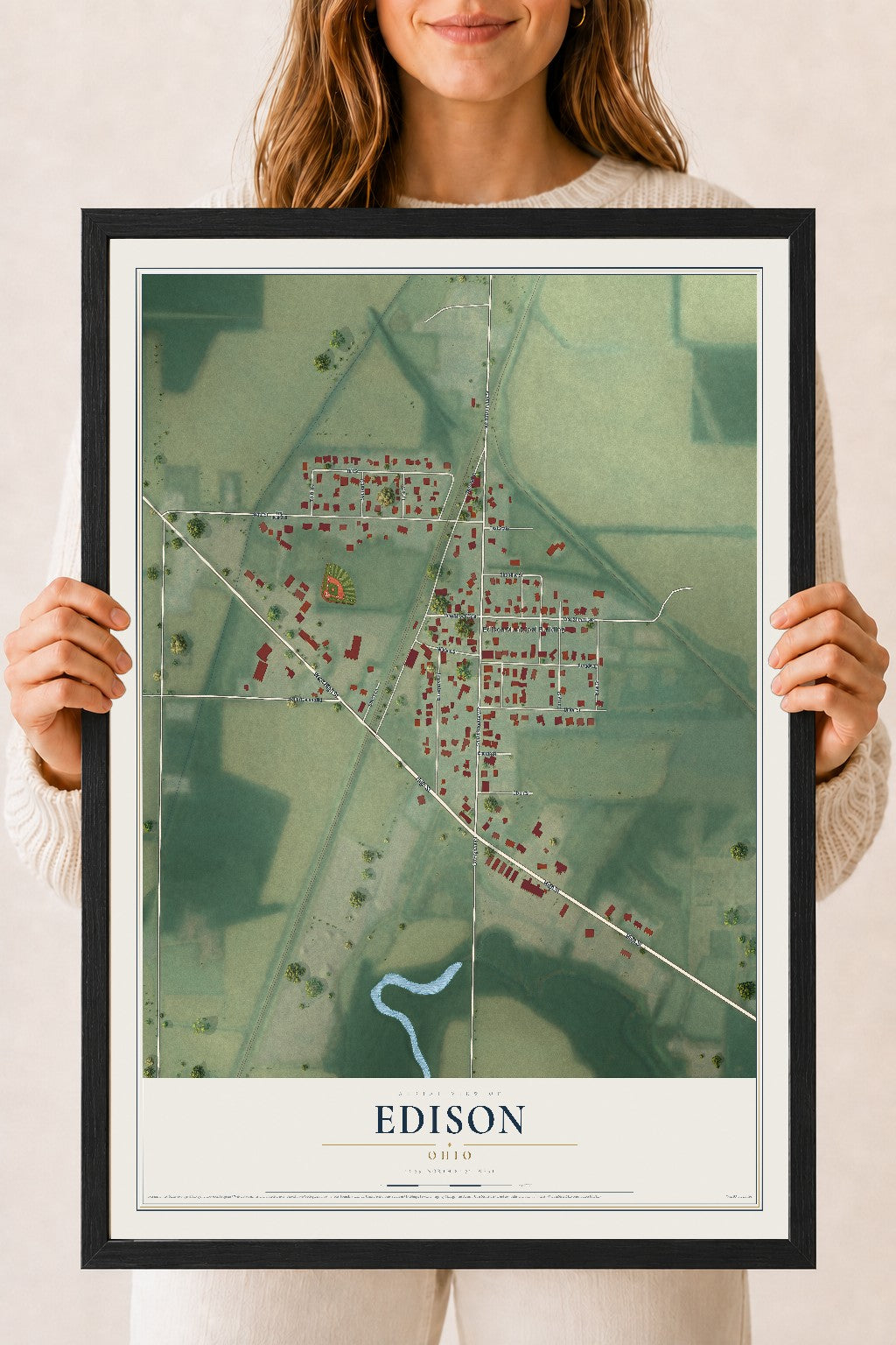 Map of Edison, Ohio, 18 x 24 inch print in a black wood frame