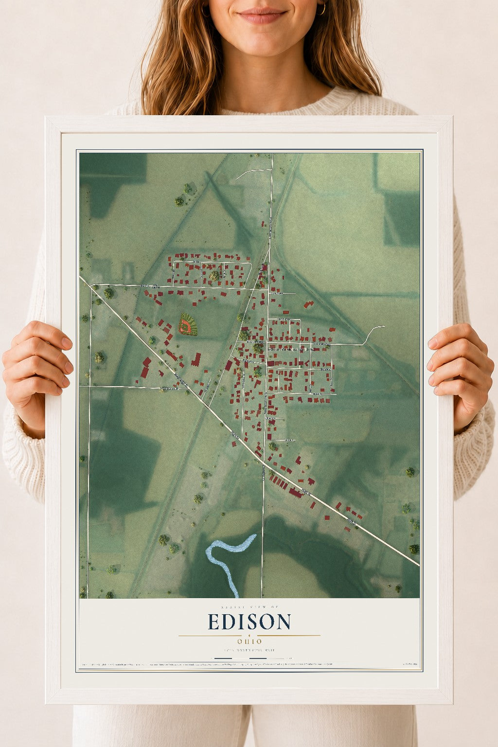 Map of Edison, Ohio, 18 x 24 inch print in a white wood frame