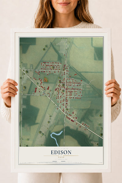 Map of Edison, Ohio, 18 x 24 inch print in a white wood frame