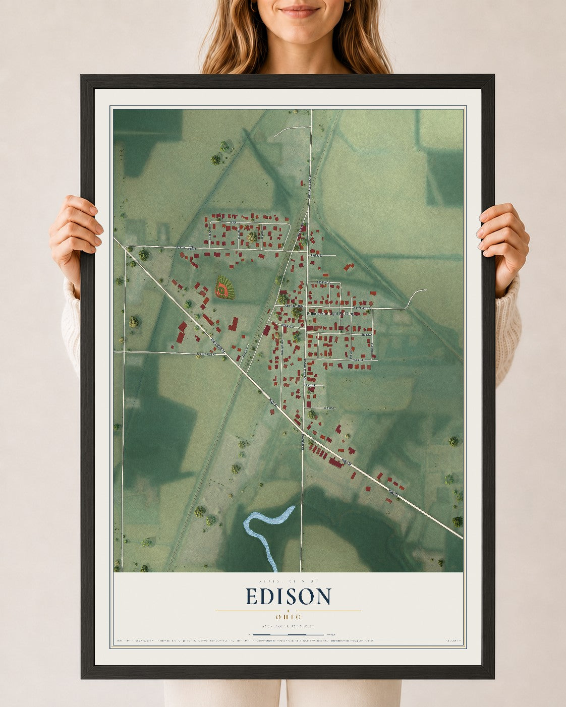 Map of Edison, Ohio, 24 x 36 inch print in a black wood frame