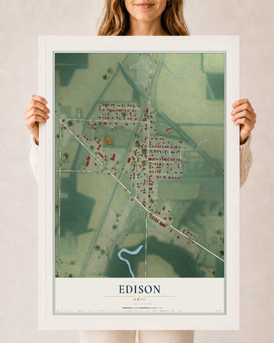 Map of Edison, Ohio, 24 x 36 inch print in a white wood frame
