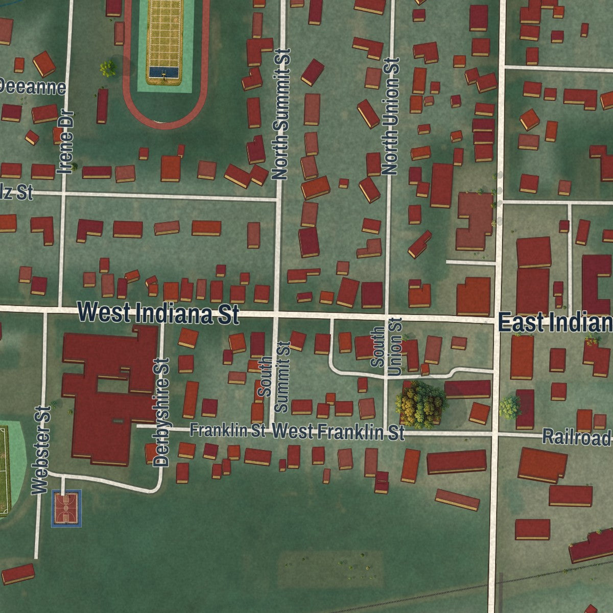 Close-up of the map of Edon, Ohio print showing street and building detail