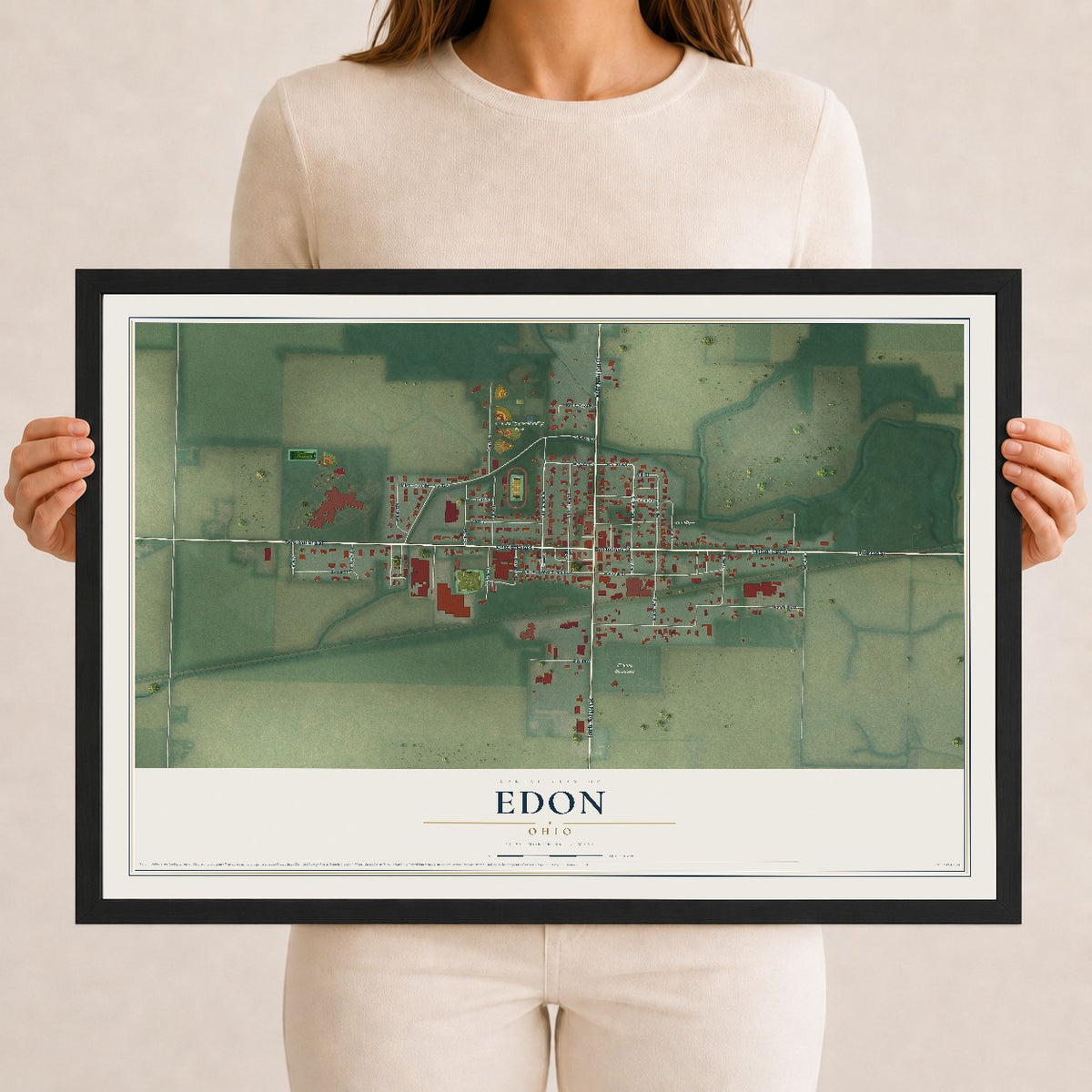 Map of Edon, Ohio, 12 x 18 inch print in a black wood frame