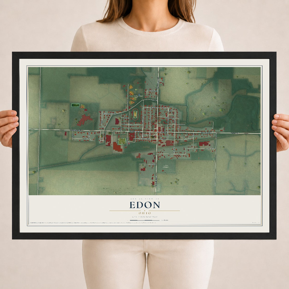 Map of Edon, Ohio, 18 x 24 inch print in a black wood frame