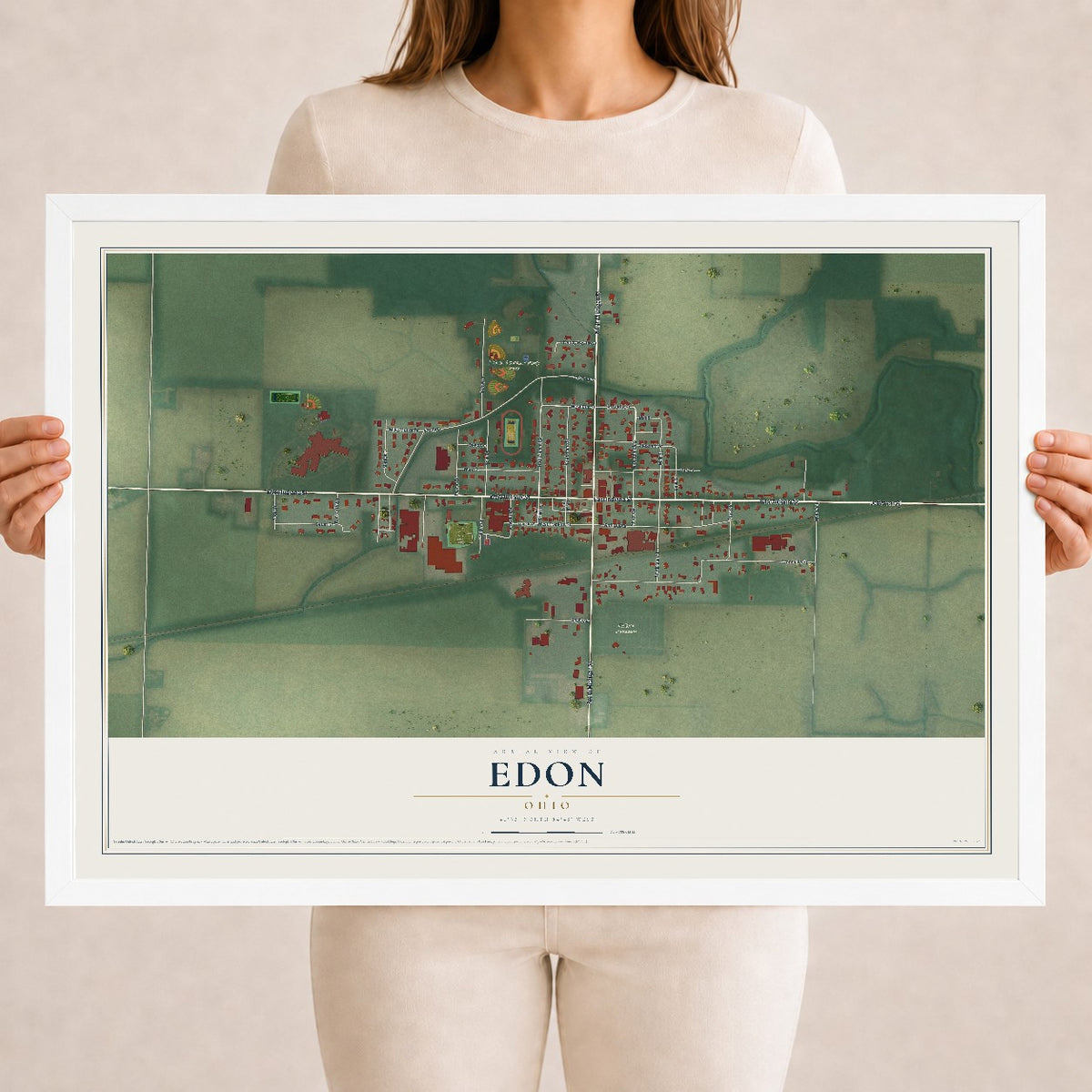Map of Edon, Ohio, 18 x 24 inch print in a white wood frame
