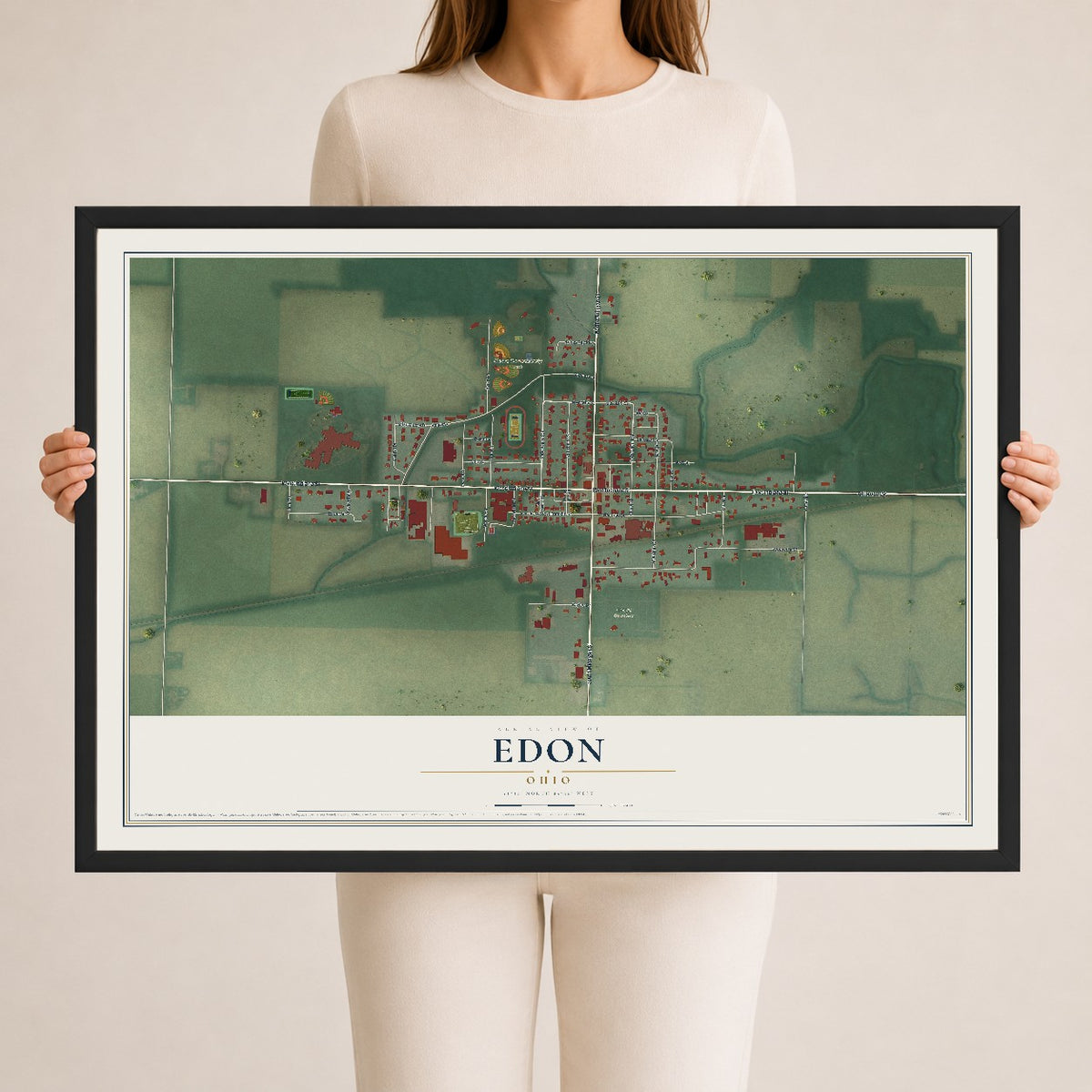 Map of Edon, Ohio, 24 x 36 inch print in a black wood frame