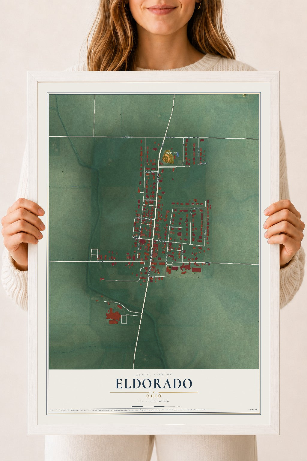 Map of Eldorado, Ohio, 18 x 24 inch print in a white wood frame
