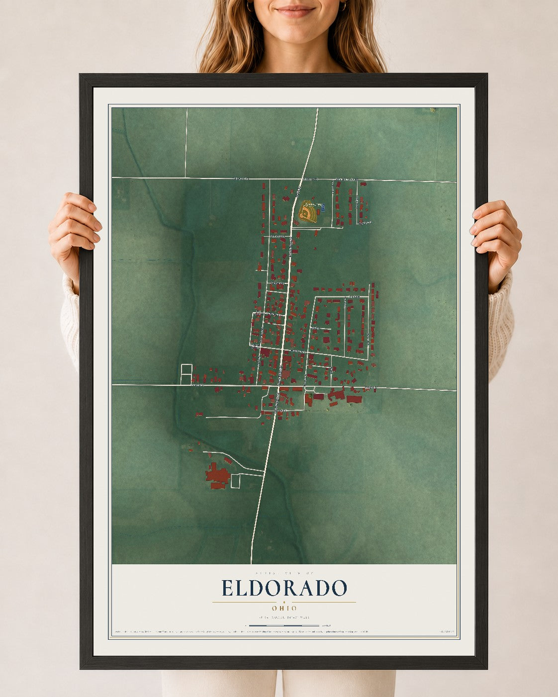 Map of Eldorado, Ohio, 24 x 36 inch print in a black wood frame
