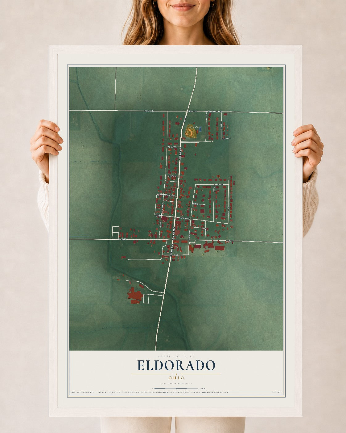 Map of Eldorado, Ohio, 24 x 36 inch print in a white wood frame