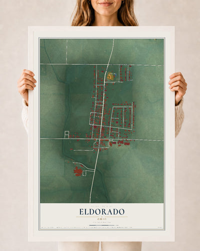 Map of Eldorado, Ohio, 24 x 36 inch print in a white wood frame