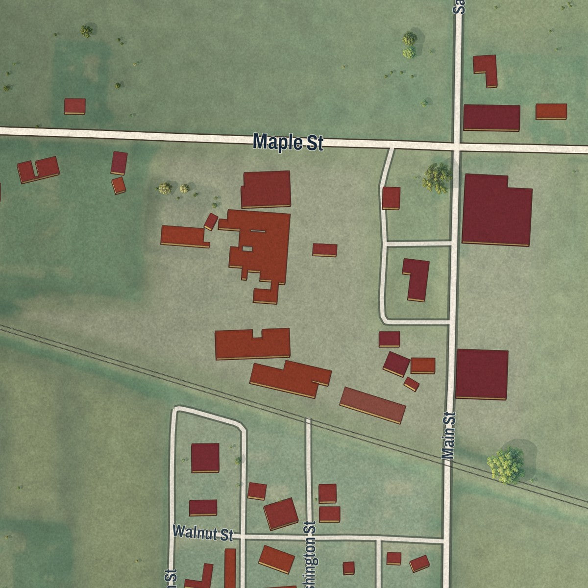 Close-up of the map of Elgin, Ohio print showing street and building detail
