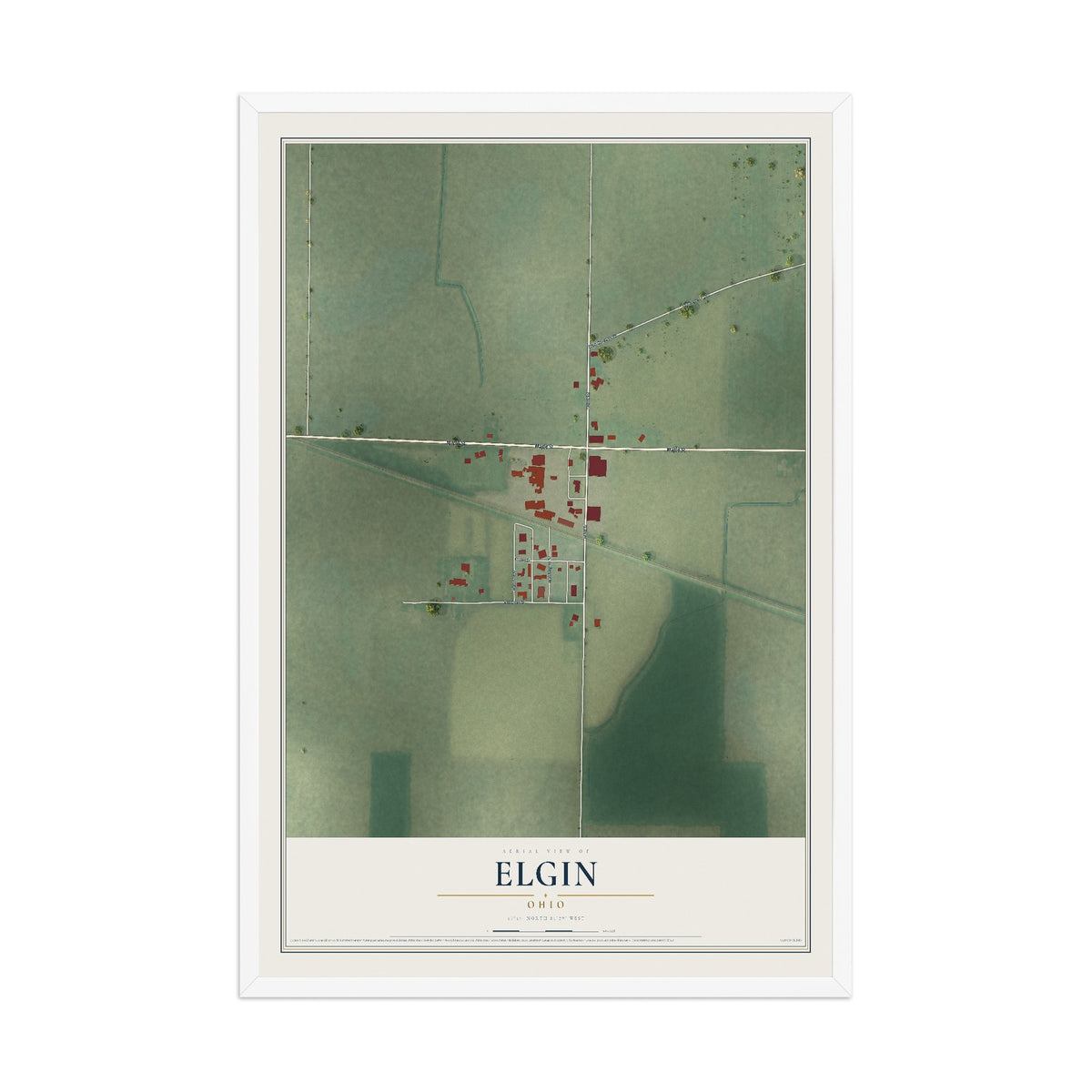 Map of Elgin, Ohio, 12 x 18 inch print in a white wood frame