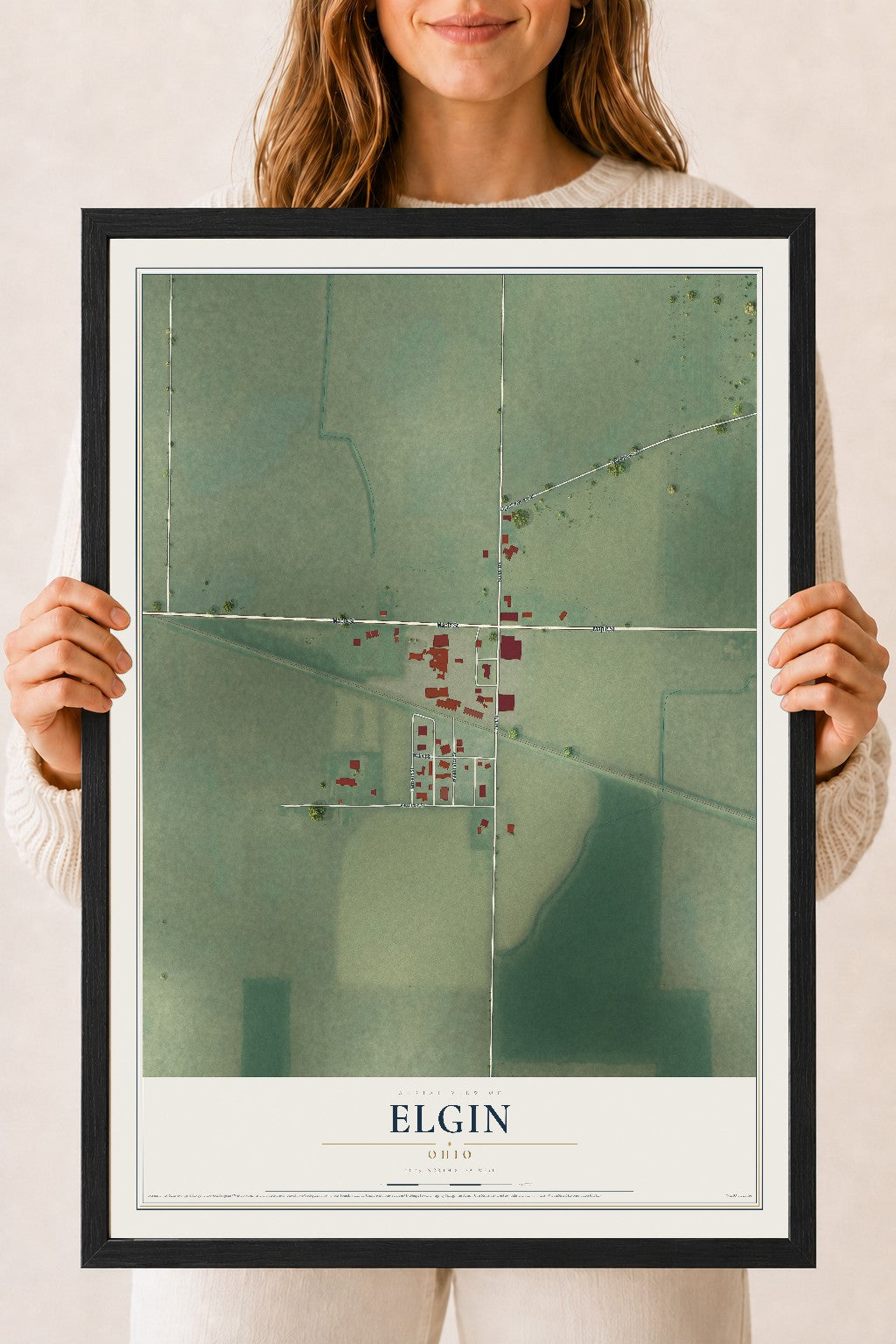 Map of Elgin, Ohio, 18 x 24 inch print in a black wood frame