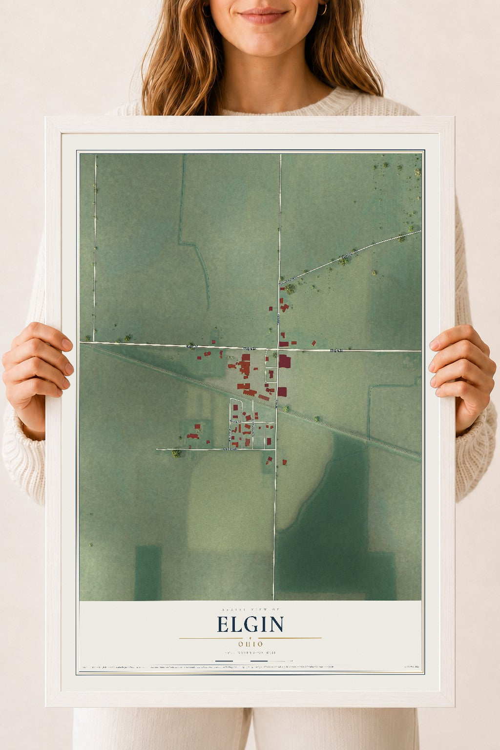 Map of Elgin, Ohio, 18 x 24 inch print in a white wood frame