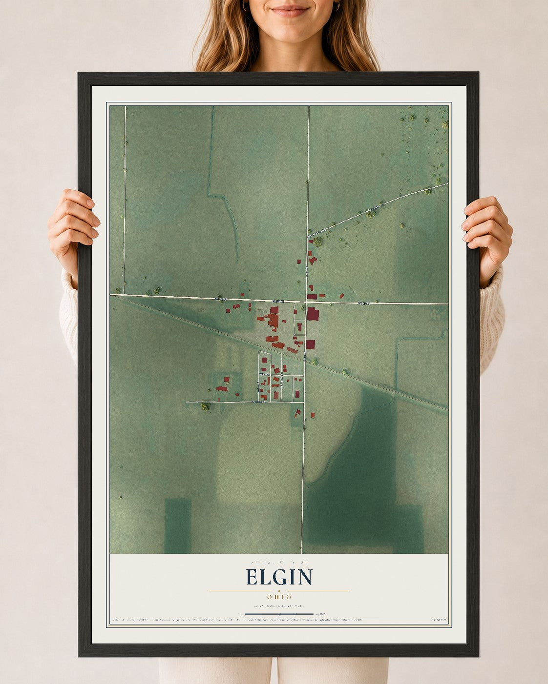 Map of Elgin, Ohio, 24 x 36 inch print in a black wood frame