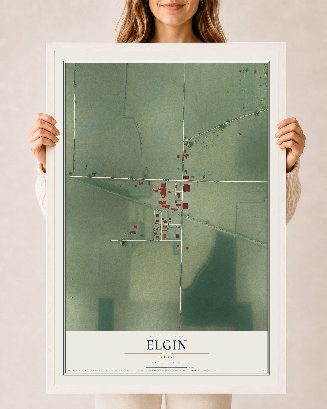 Map of Elgin, Ohio, 24 x 36 inch print in a white wood frame