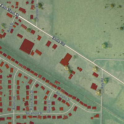 Second close-up of the map of Elida, Ohio print showing more streets and buildings
