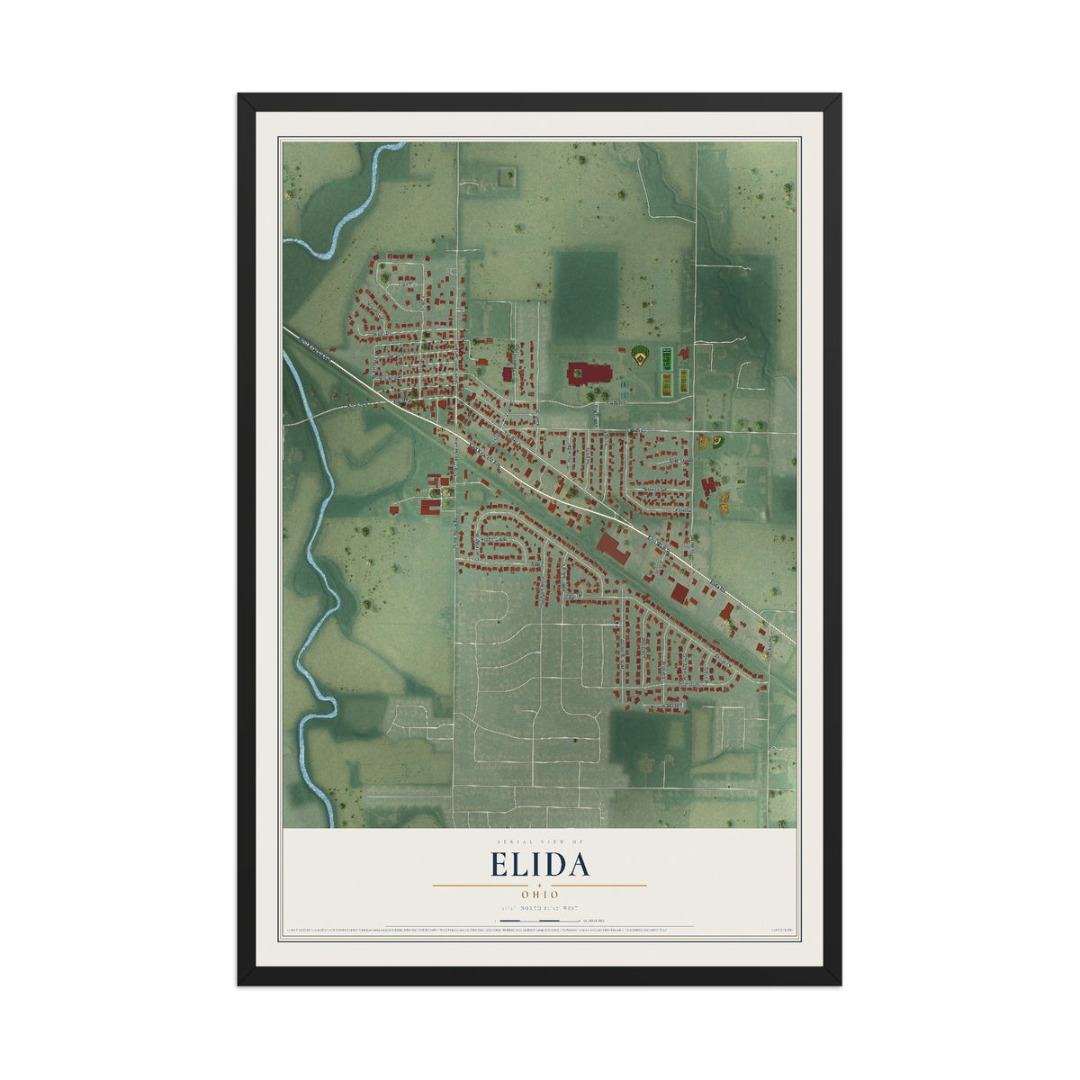 Map of Elida, Ohio, 12 x 18 inch print in a black wood frame