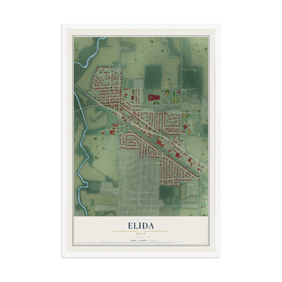 Map of Elida, Ohio, 12 x 18 inch print in a white wood frame