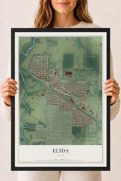 Map of Elida, Ohio, 18 x 24 inch print in a black wood frame