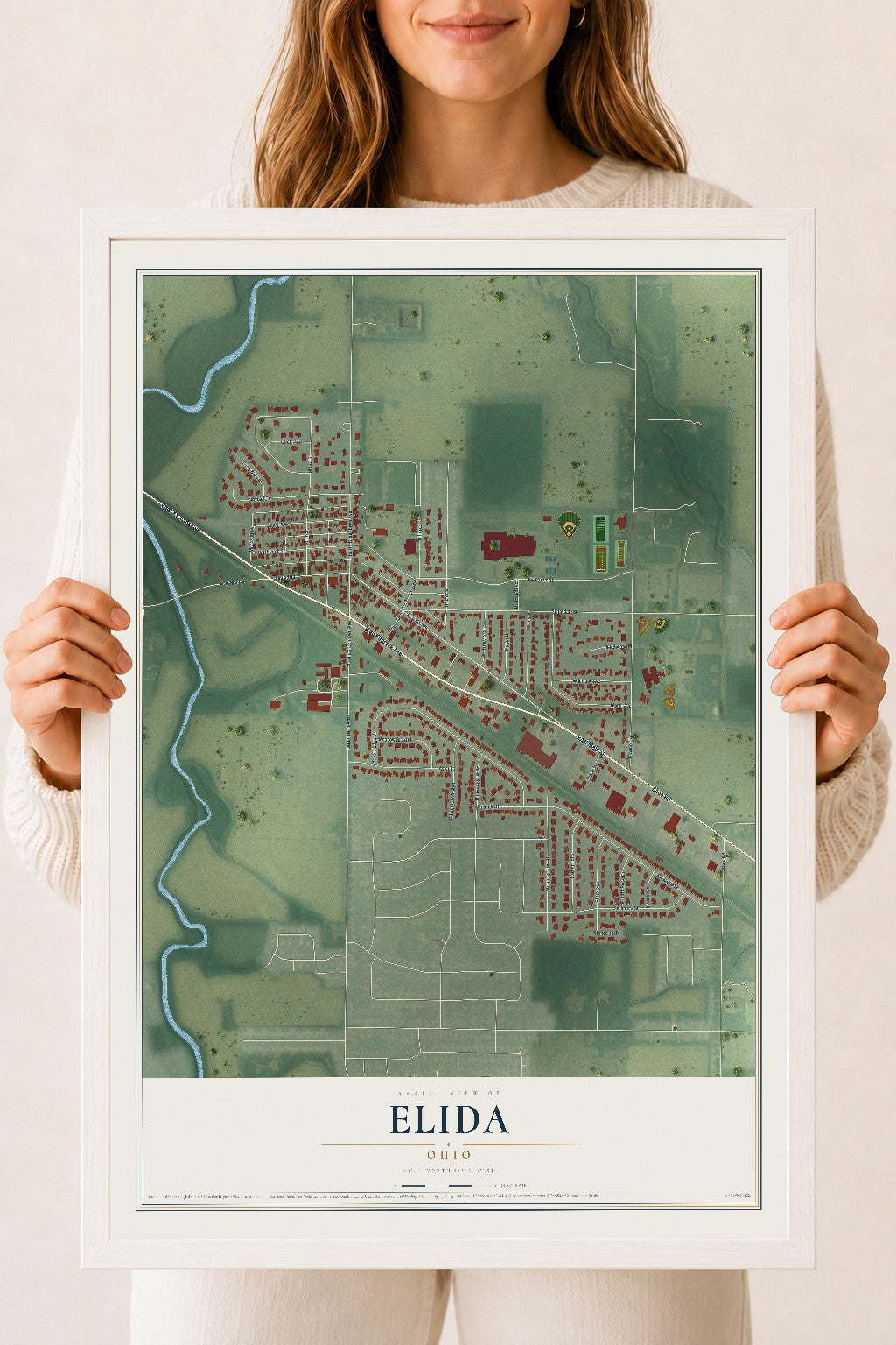 Map of Elida, Ohio, 18 x 24 inch print in a white wood frame