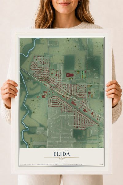 Map of Elida, Ohio, 18 x 24 inch print in a white wood frame