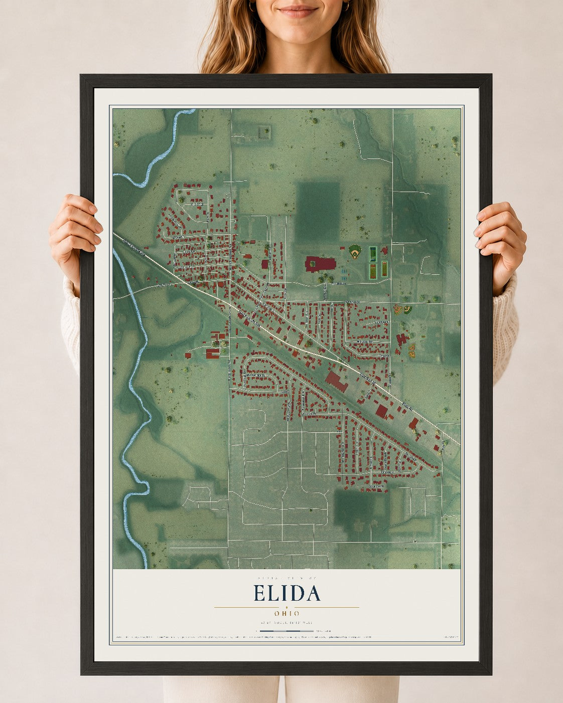 Map of Elida, Ohio, 24 x 36 inch print in a black wood frame