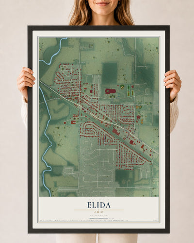 Map of Elida, Ohio, 24 x 36 inch print in a black wood frame