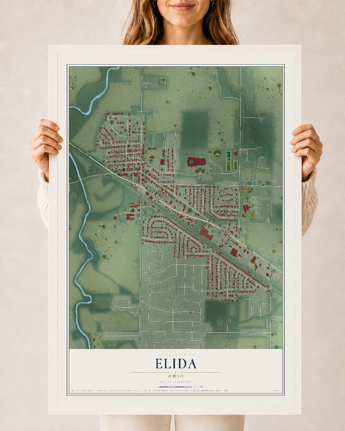 Map of Elida, Ohio, 24 x 36 inch print in a white wood frame