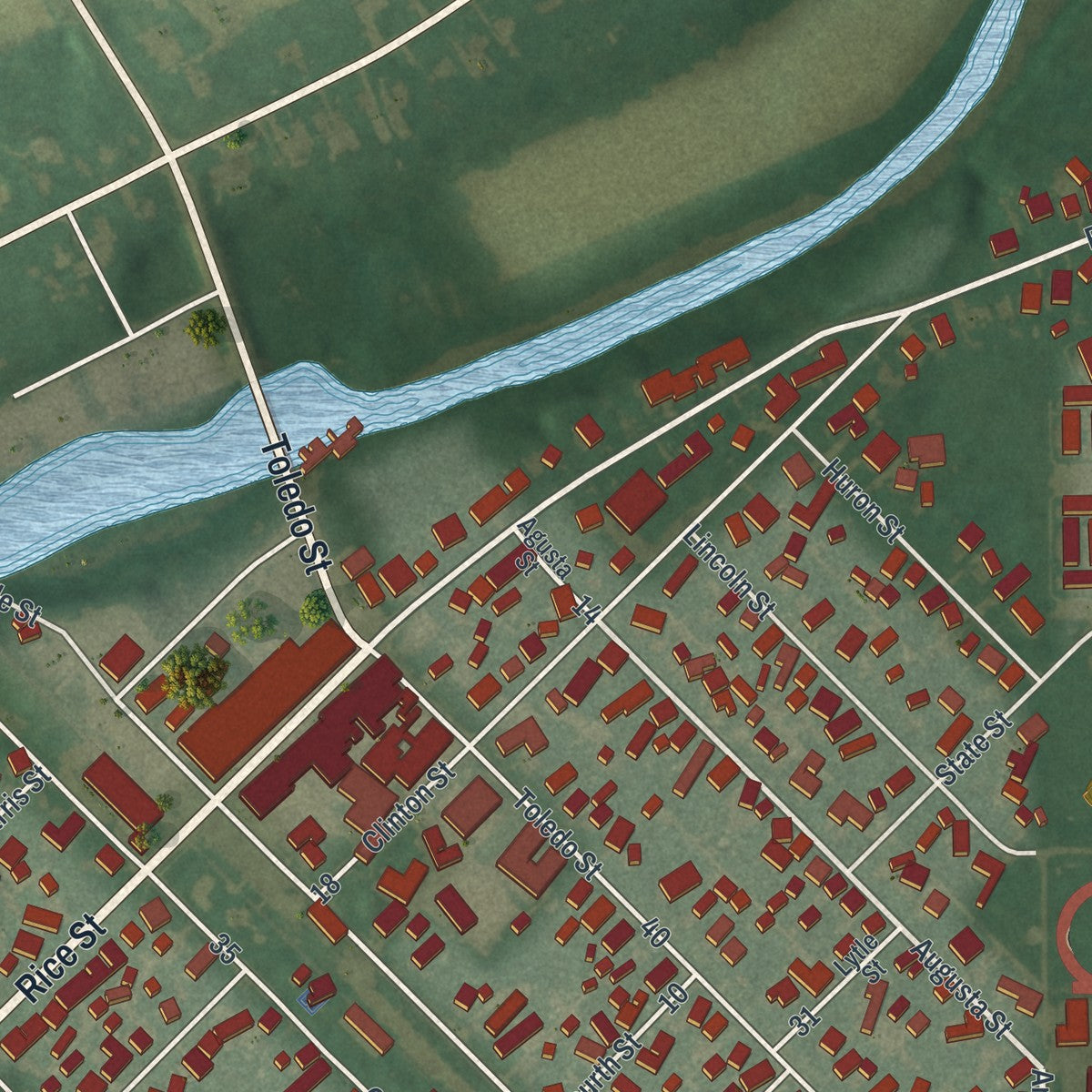 Close-up of the map of Elmore, Ohio print showing street and building detail