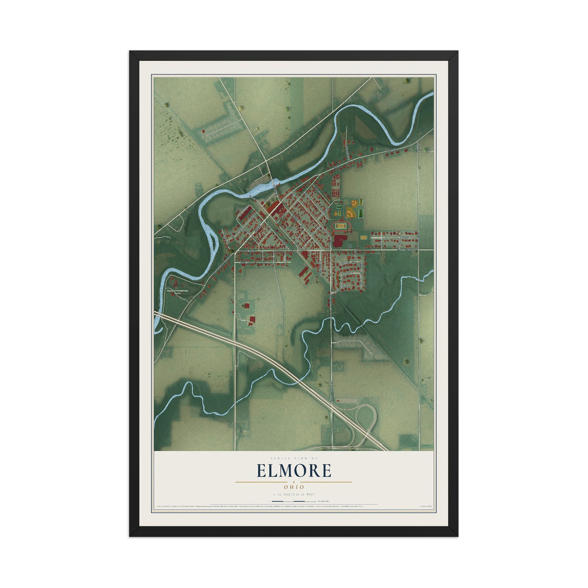 Map of Elmore, Ohio, 12 x 18 inch print in a black wood frame
