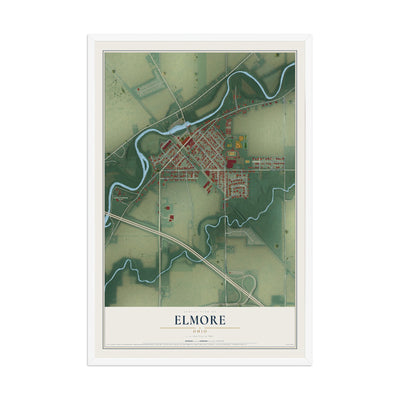 Map of Elmore, Ohio, 12 x 18 inch print in a white wood frame