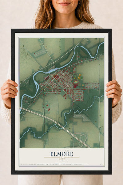 Map of Elmore, Ohio, 18 x 24 inch print in a black wood frame