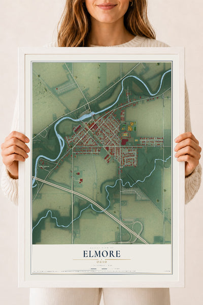 Map of Elmore, Ohio, 18 x 24 inch print in a white wood frame