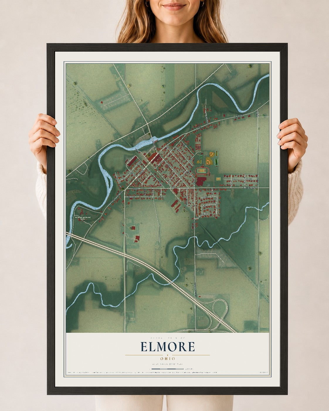 Map of Elmore, Ohio, 24 x 36 inch print in a black wood frame