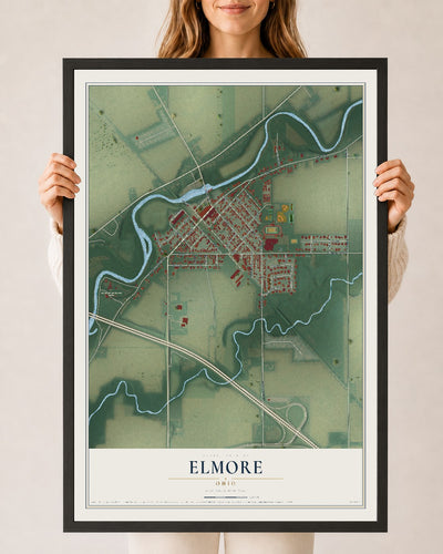 Map of Elmore, Ohio, 24 x 36 inch print in a black wood frame