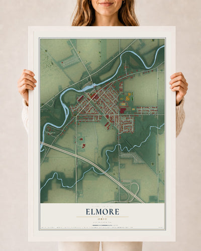 Map of Elmore, Ohio, 24 x 36 inch print in a white wood frame