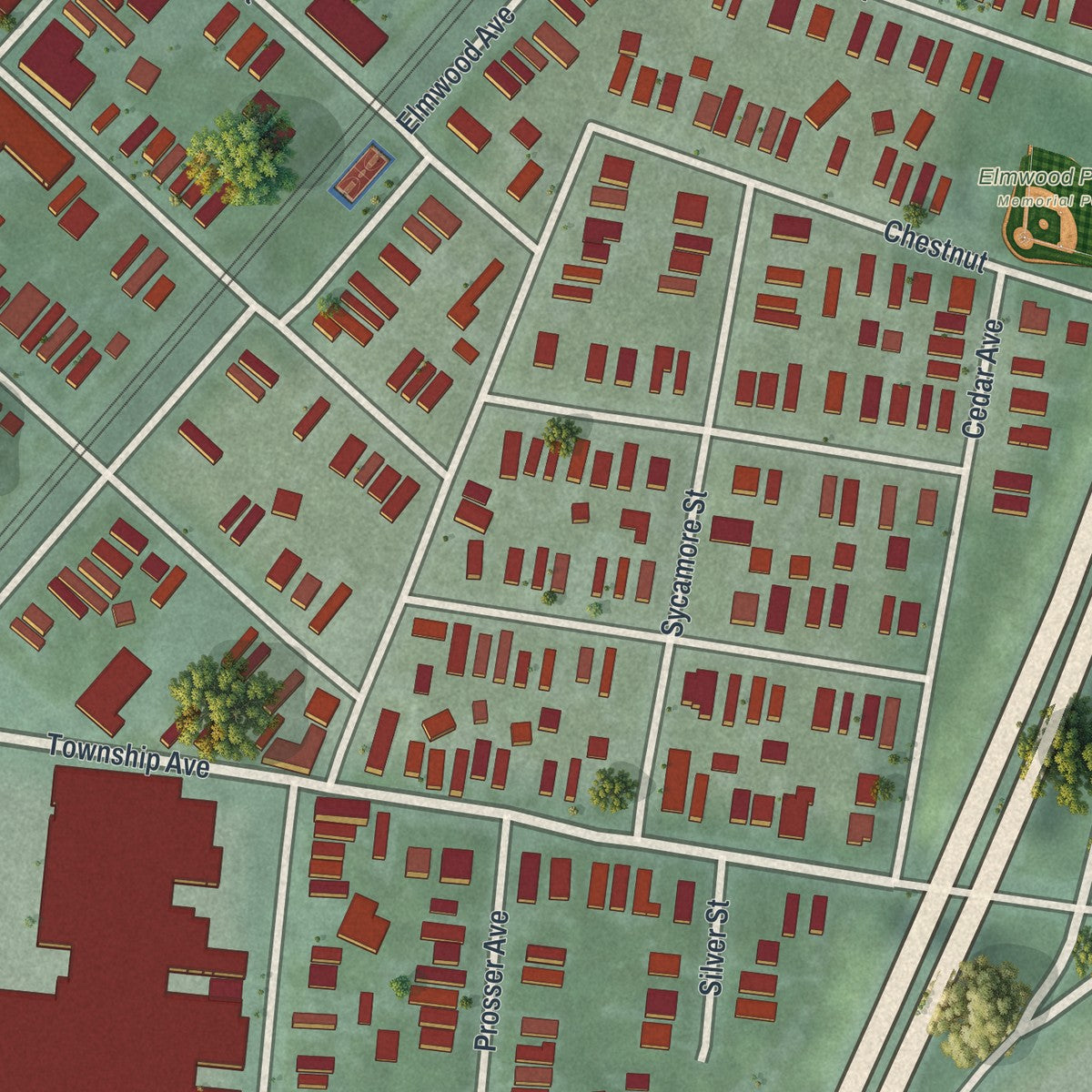 Close-up of the map of Elmwood Place, Ohio print showing street and building detail