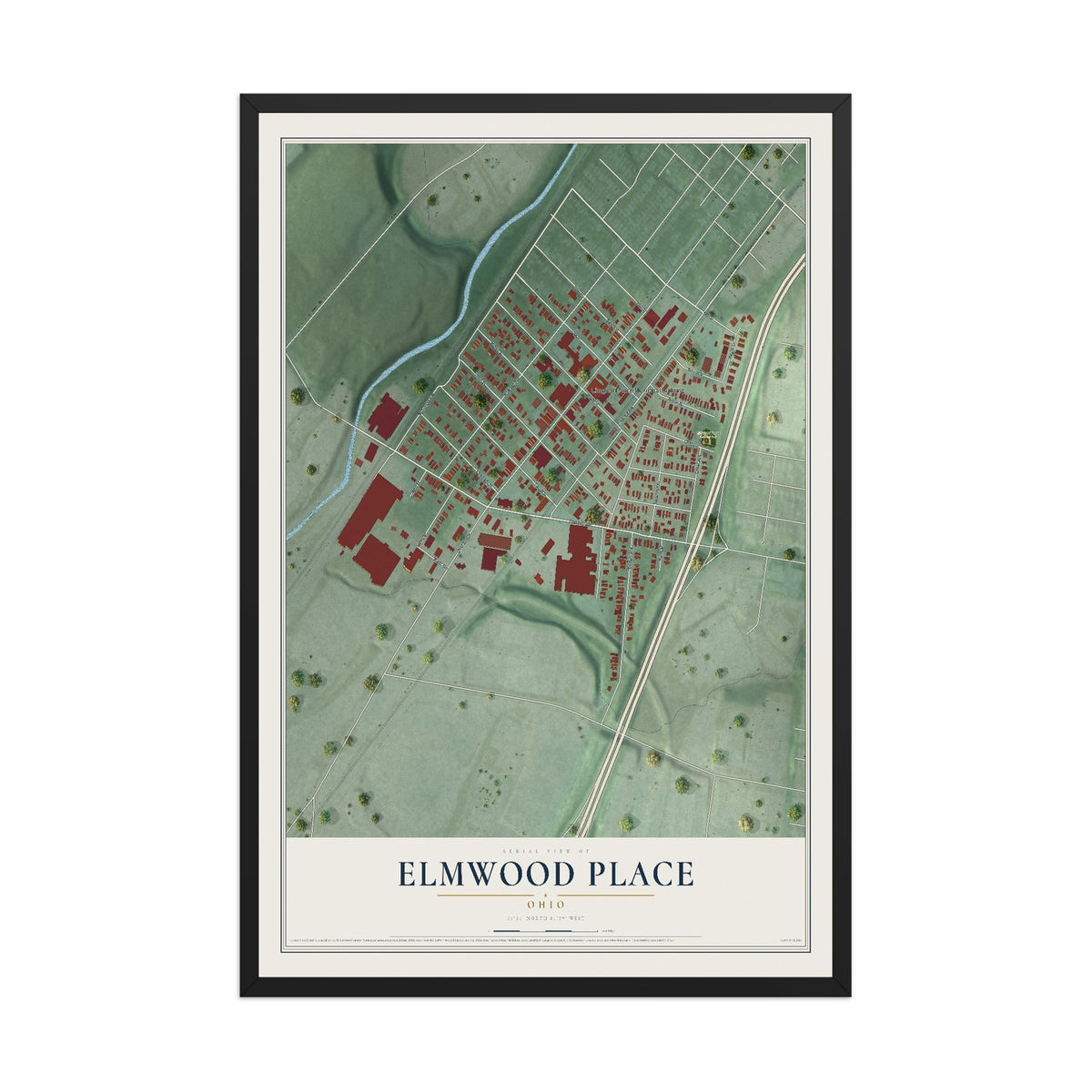Map of Elmwood Place, Ohio, 12 x 18 inch print in a black wood frame
