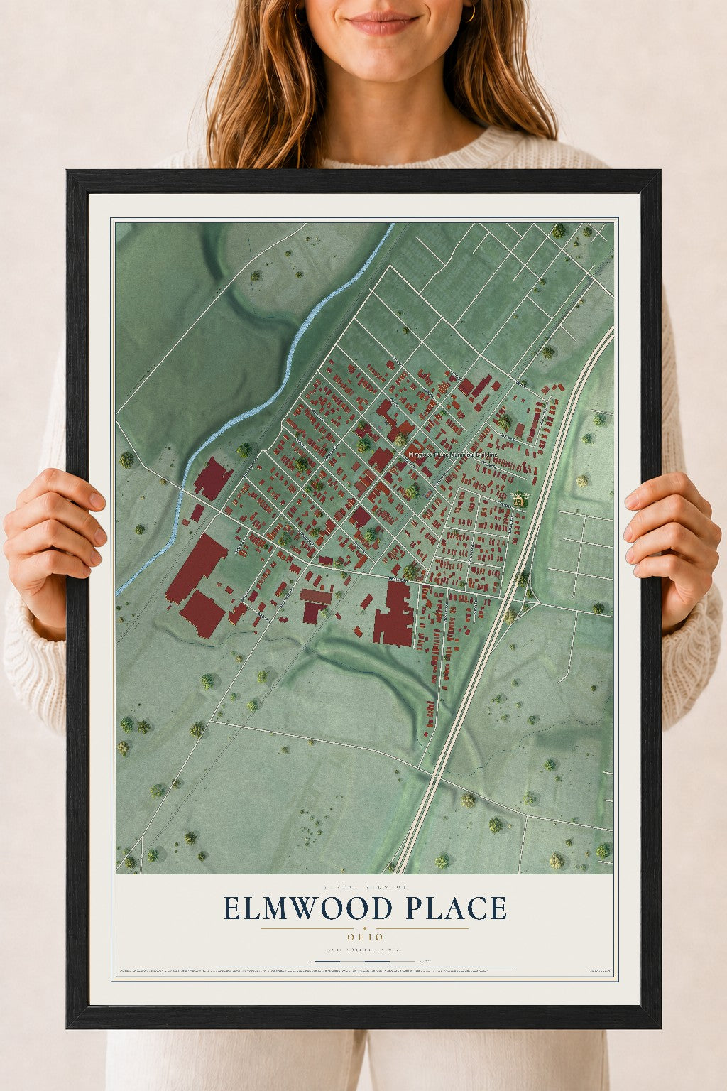 Map of Elmwood Place, Ohio, 18 x 24 inch print in a black wood frame