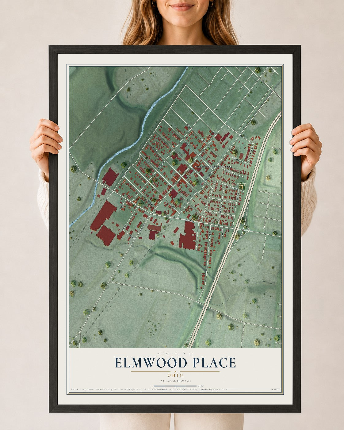 Map of Elmwood Place, Ohio, 24 x 36 inch print in a black wood frame