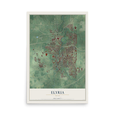 Map of Elyria, Ohio, 12 x 18 inch unframed archival matte print