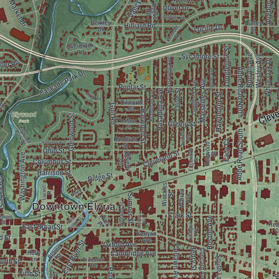 Close-up of the map of Elyria, Ohio print showing street and building detail