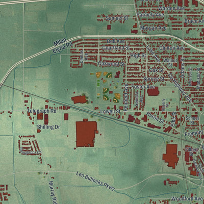Second close-up of the map of Elyria, Ohio print showing more streets and buildings