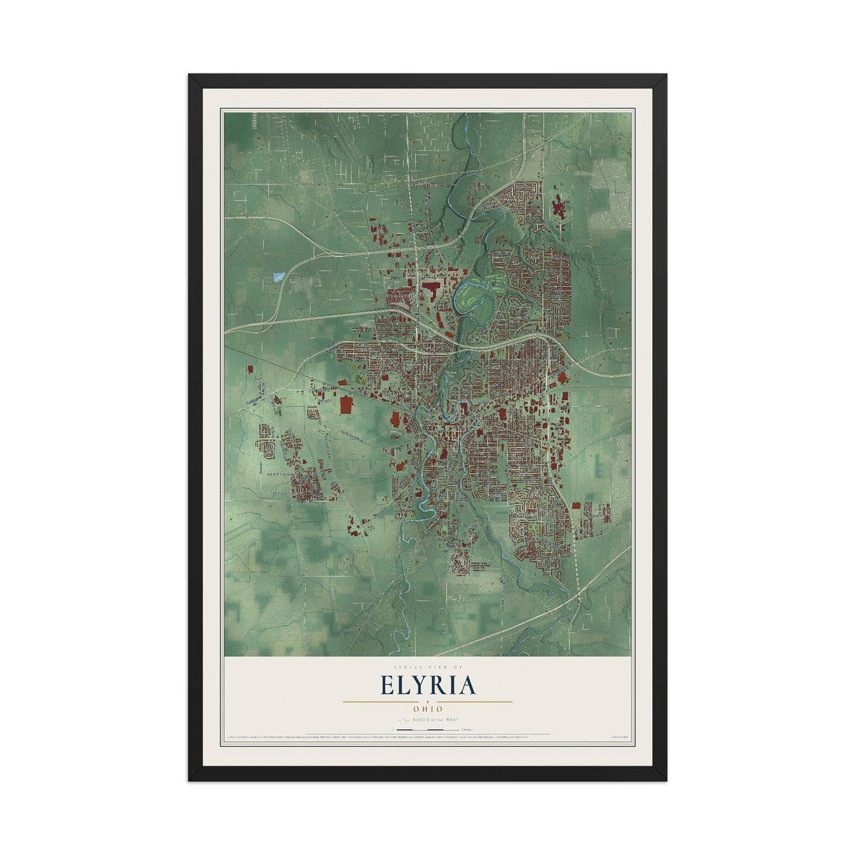 Map of Elyria, Ohio, 12 x 18 inch print in a black wood frame