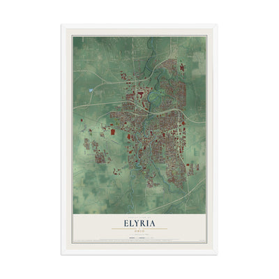 Map of Elyria, Ohio, 12 x 18 inch print in a white wood frame
