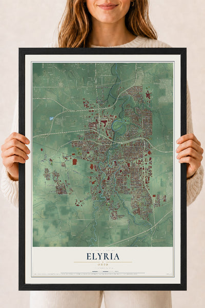 Map of Elyria, Ohio, 18 x 24 inch print in a black wood frame